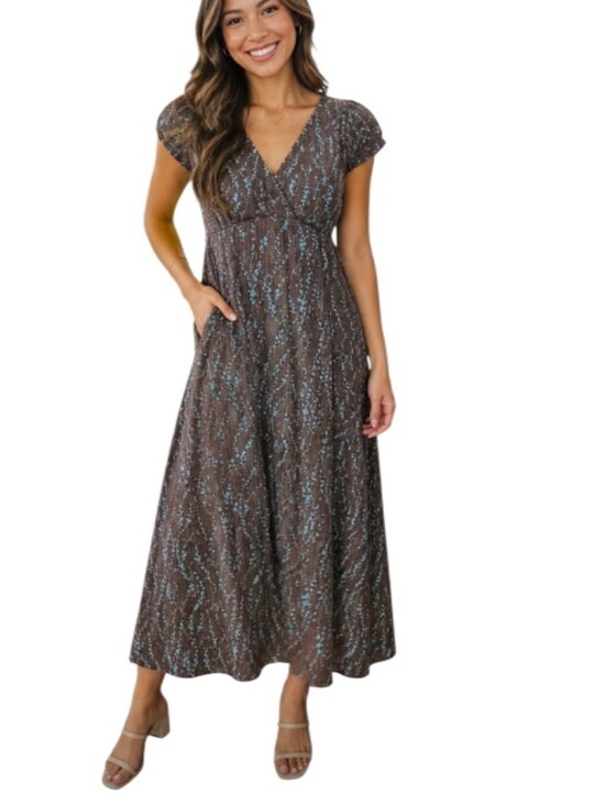 Patagonia Dresses & Skirts - Patagonia Brown Floral-Print Midi Dress with Blue Accents